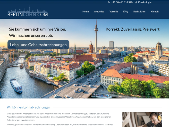Ein Screenshot der Homepage von berlinlohn.com, der einen Panoramablick auf Berlin mit dem berühmten Fernsehturm sowie Abschnitte für Home, Services, Benefits, FAQ, News und Kontaktdaten zeigt. Dies
